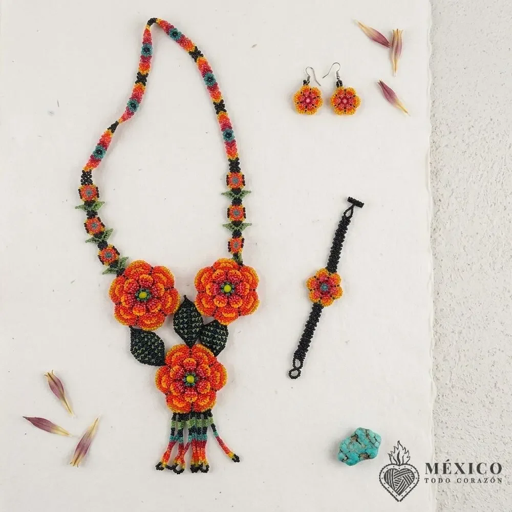 Huichol Mexican art 3 piece necklace earings and bracelet orange